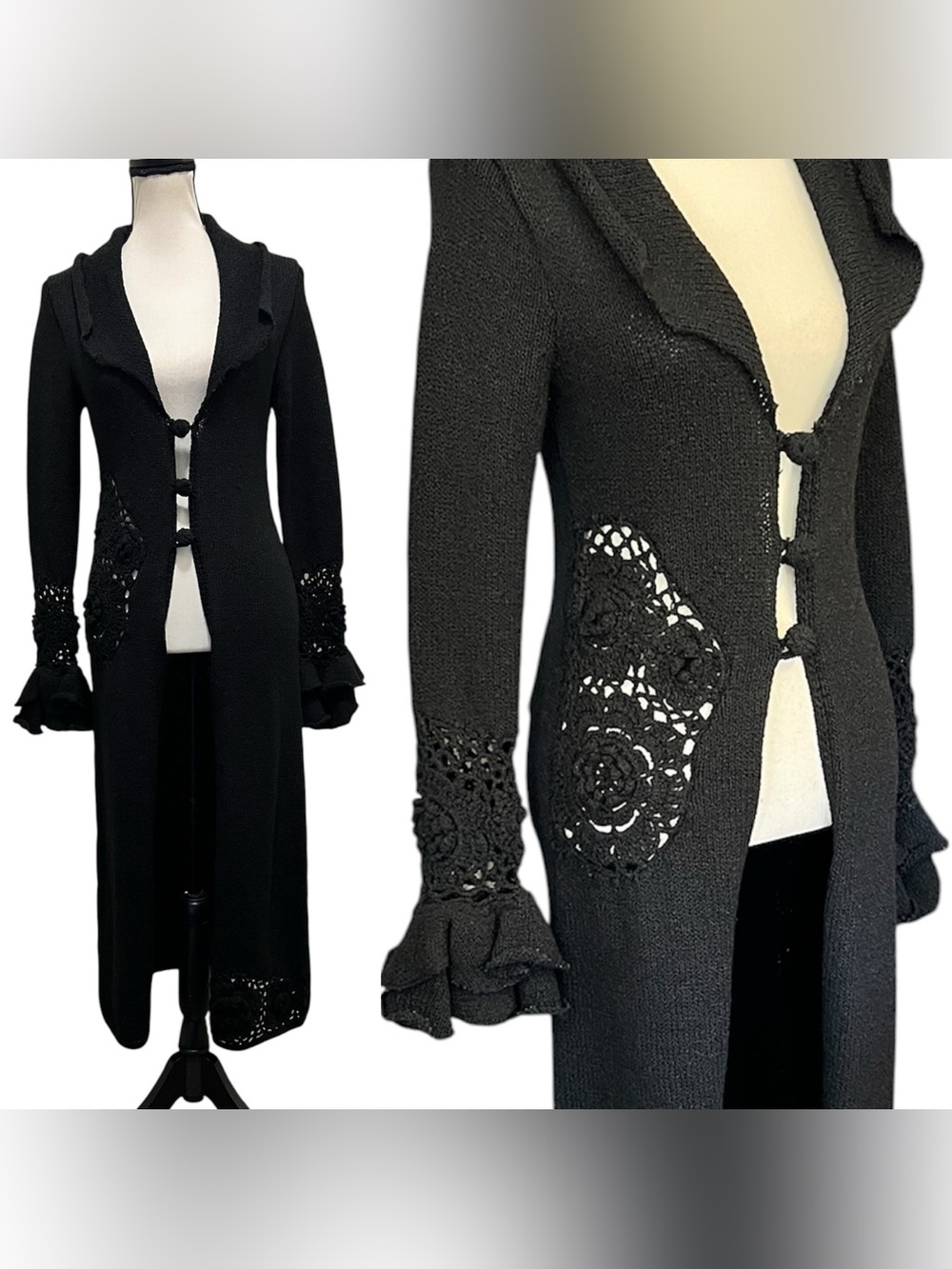 Vintage Betsey Johnson New York Crochet Knit Full Length Duster Cardigan